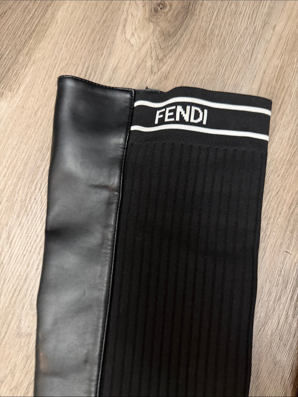 Fendi Black Ribbed Over-the-Knee Leather Boots with Logo Trim - Picture 12 of 14